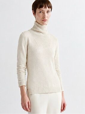 TSE 100% Cashmere Ivory Cream Funnel Neck Cowl Garter Horizontal Stitch Sweater